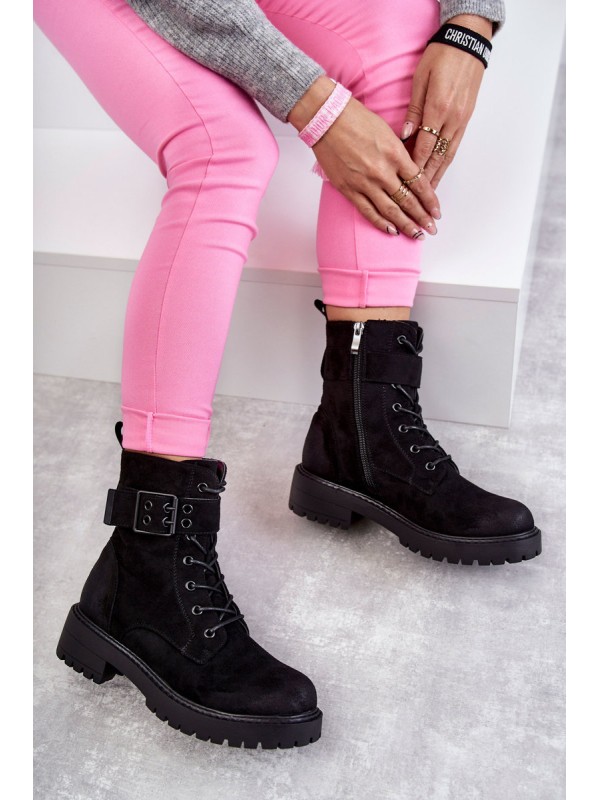 Women's Lace-up Suede Flat Heel Boots Black Firmina