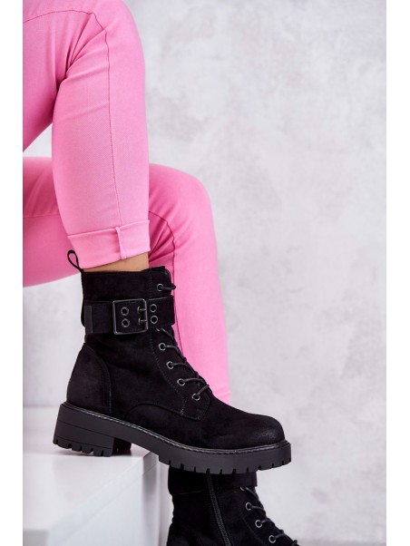 Women's Lace-up Suede Flat Heel Boots Black Firmina