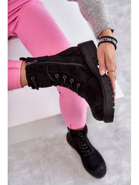 Women's Lace-up Suede Flat Heel Boots Black Firmina