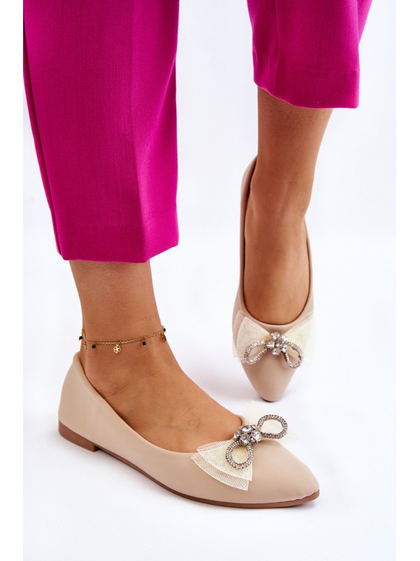 Women's V-neck Ballerinas With A Decorative Bow Beige Luminous