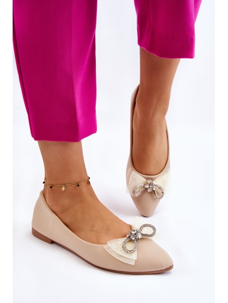 Women's V-neck Ballerinas With A Decorative Bow Beige Luminous