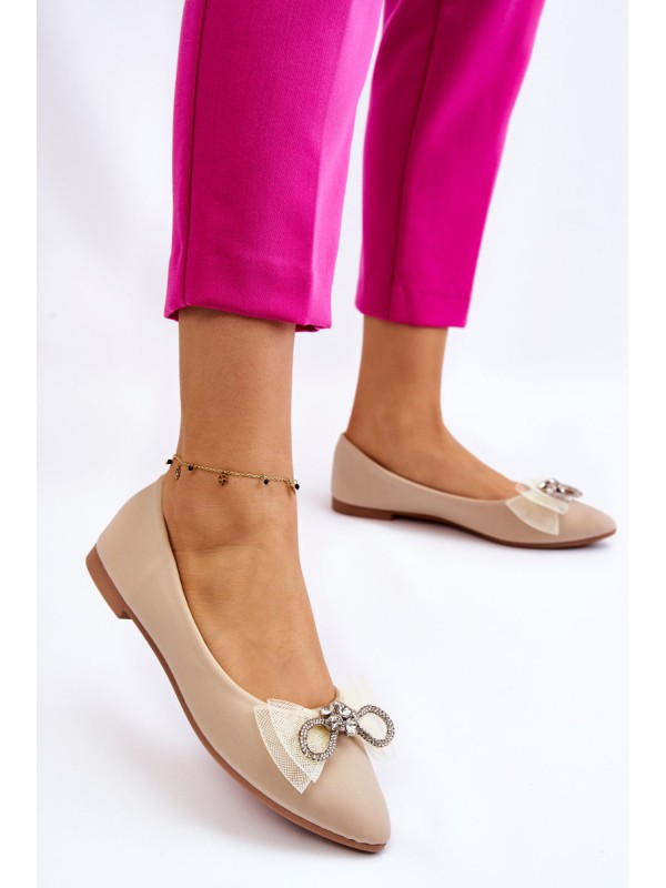 Women's V-neck Ballerinas With A Decorative Bow Beige Luminous