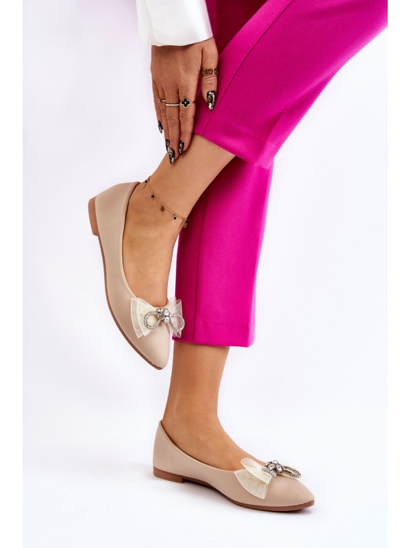 Women's V-neck Ballerinas With A Decorative Bow Beige Luminous