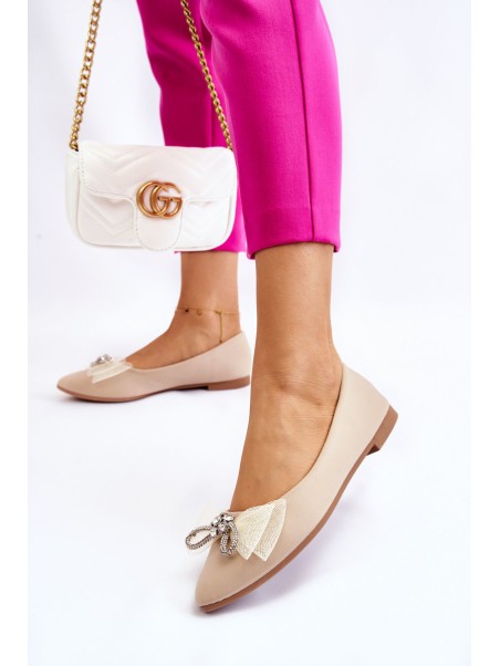 Women's V-neck Ballerinas With A Decorative Bow Beige Luminous