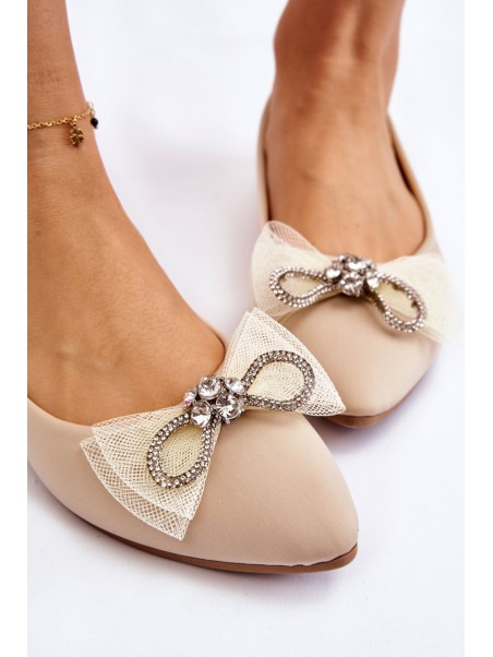 Women's V-neck Ballerinas With A Decorative Bow Beige Luminous