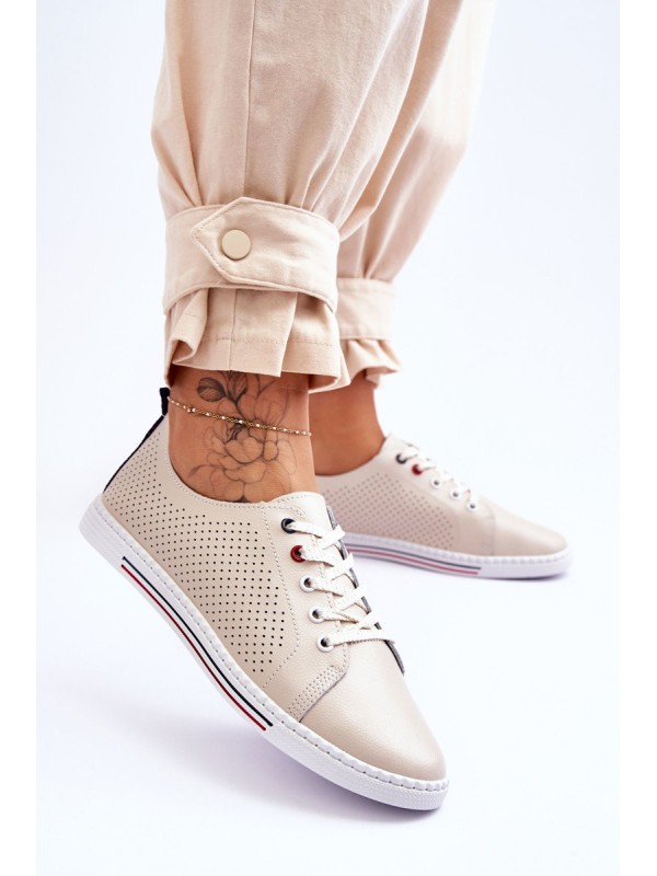 Women's Beige Leather Cut-Out Sneakers S.Barski LR952
