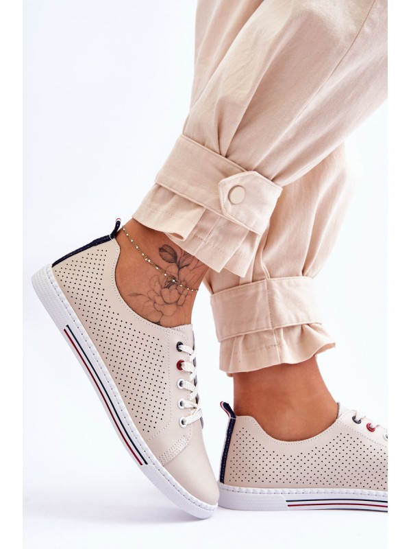 Women's Beige Leather Cut-Out Sneakers S.Barski LR952