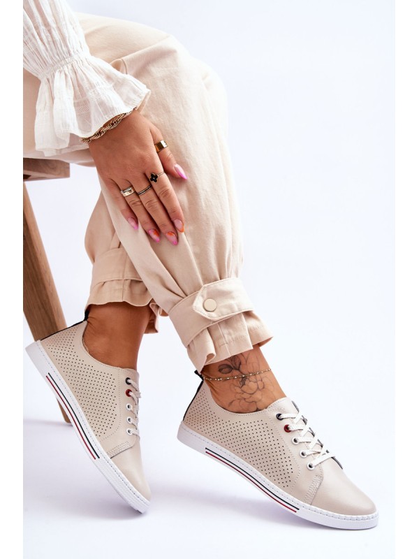Women's Beige Leather Cut-Out Sneakers S.Barski LR952