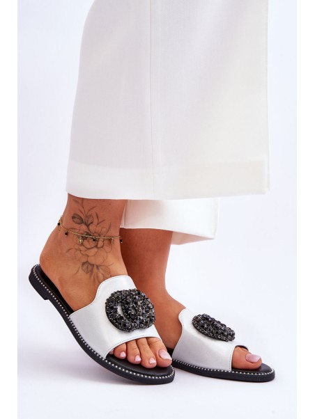 Women's Flat Slippers With Ornaments S.Barski KV-520-3 Silver