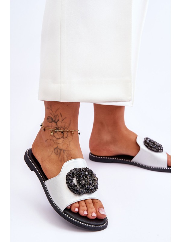 Women's Flat Slippers With Ornaments S.Barski KV-520-3 Silver