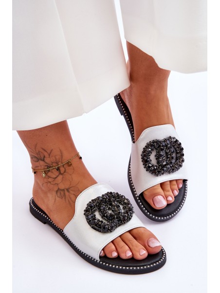 Women's Flat Slippers With Ornaments S.Barski KV-520-3 Silver