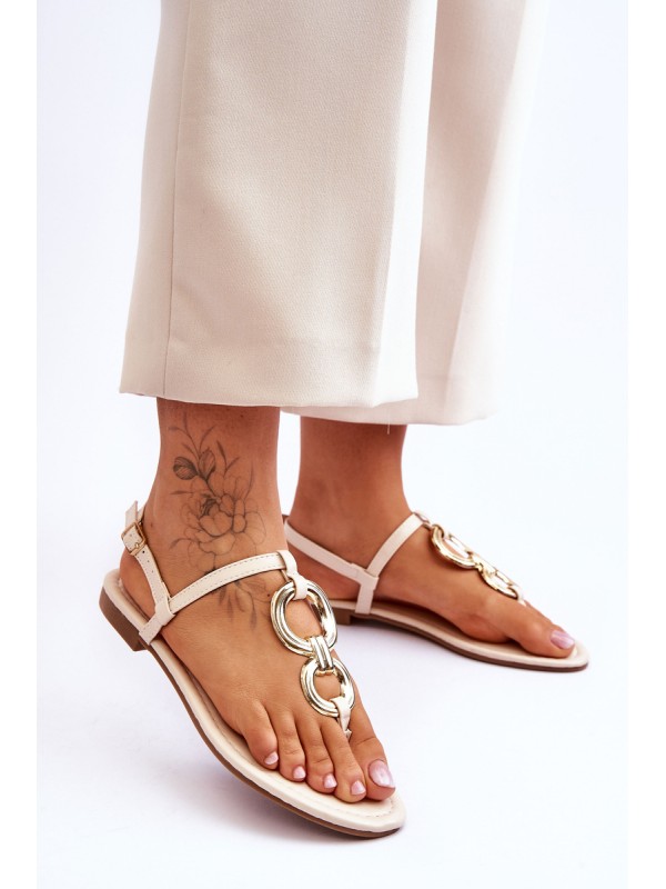 Leather Flat Heel Flip Flops Beige Keep Going