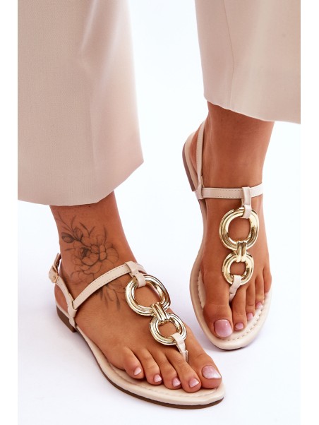 Leather Flat Heel Flip Flops Beige Keep Going