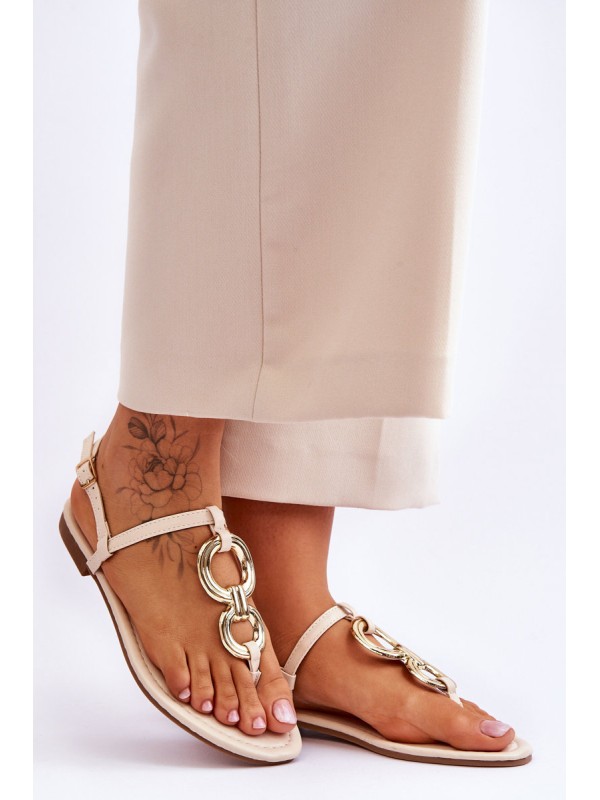 Leather Flat Heel Flip Flops Beige Keep Going