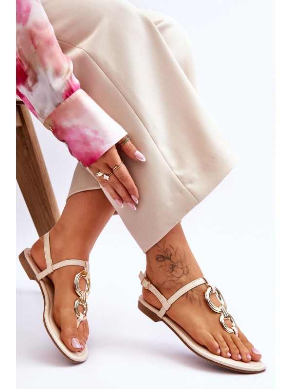 Leather Flat Heel Flip Flops Beige Keep Going