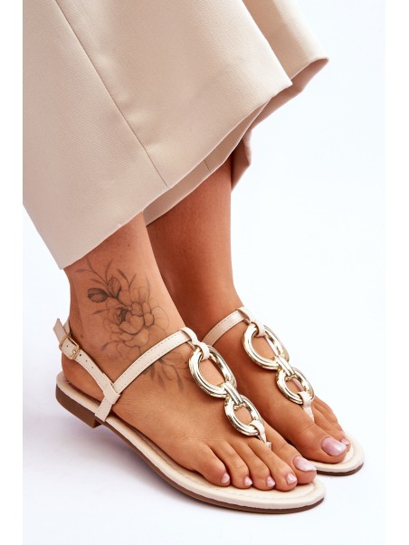 Leather Flat Heel Flip Flops Beige Keep Going