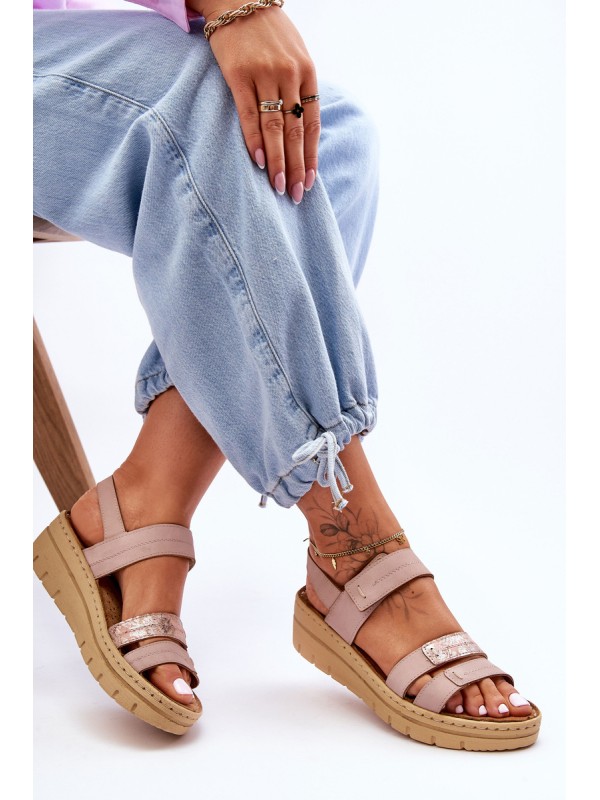 Women's Leather Sandals With Velcro Pink Fresh Look