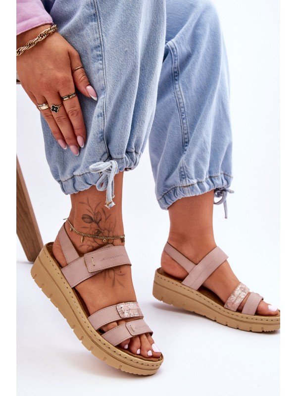 Women's Leather Sandals With Velcro Pink Fresh Look