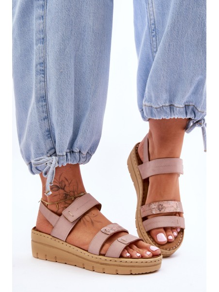 Women's Leather Sandals With Velcro Pink Fresh Look