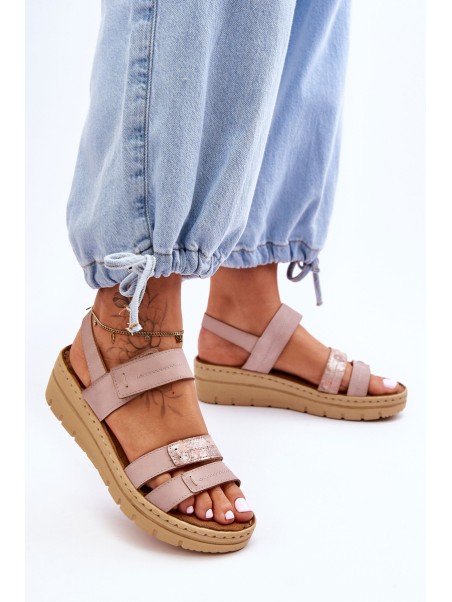 Women's Leather Sandals With Velcro Pink Fresh Look
