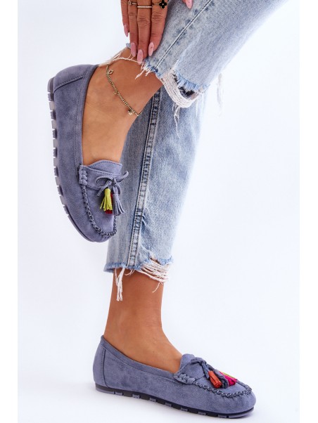 Suede Loafers With Bow And Fringes Blue Dorine