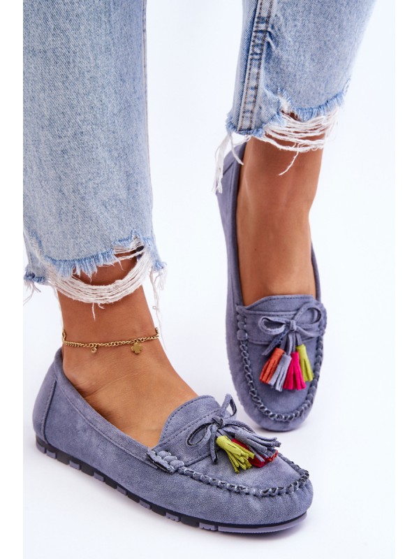 Suede Loafers With Bow And Fringes Blue Dorine