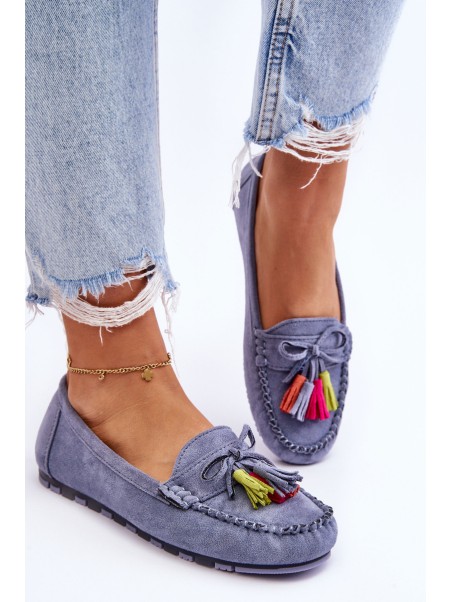 Suede Loafers With Bow And Fringes Blue Dorine