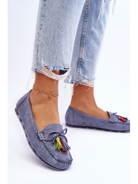 Suede Loafers With Bow And Fringes Blue Dorine