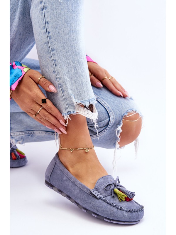 Suede Loafers With Bow And Fringes Blue Dorine