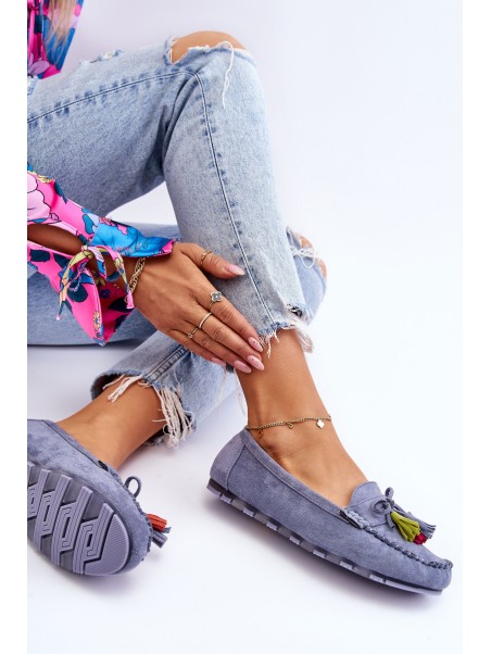 Suede Loafers With Bow And Fringes Blue Dorine