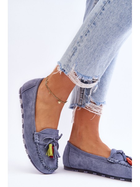 Suede Loafers With Bow And Fringes Blue Dorine