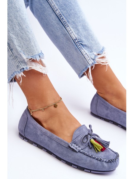 Suede Loafers With Bow And Fringes Blue Dorine