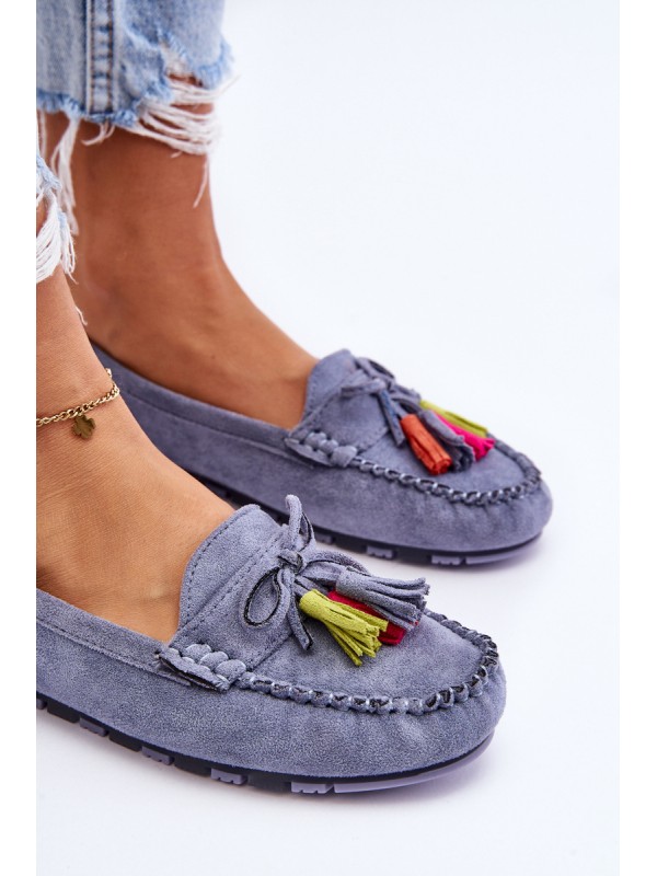 Suede Loafers With Bow And Fringes Blue Dorine