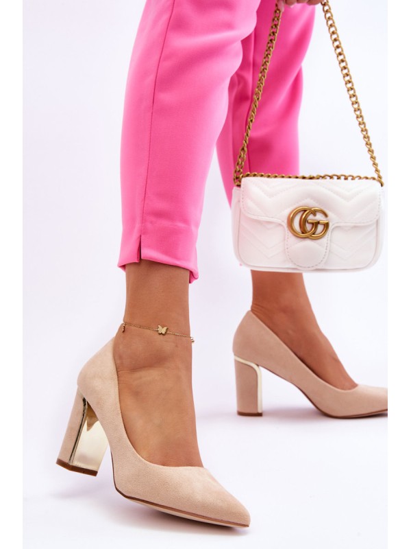Classic Suede Pumps On A Decorative Heel Beige Elizabeth