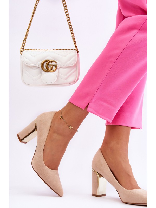 Classic Suede Pumps On A Decorative Heel Beige Elizabeth