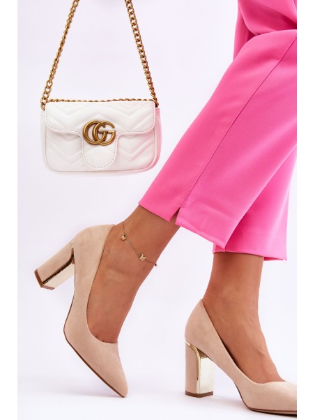 Classic Suede Pumps On A Decorative Heel Beige Elizabeth