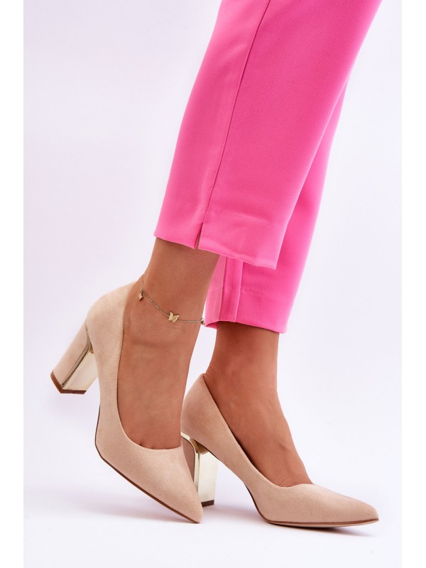 Classic Suede Pumps On A Decorative Heel Beige Elizabeth