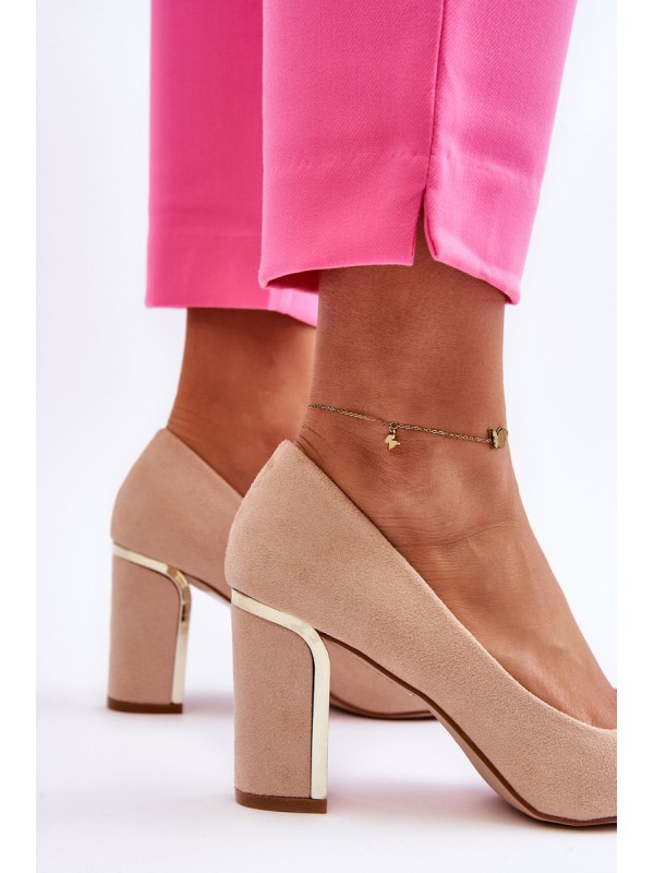 Classic Suede Pumps On A Decorative Heel Beige Elizabeth