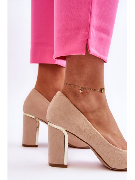Classic Suede Pumps On A Decorative Heel Beige Elizabeth