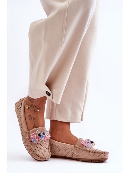 Stylish Suede Moccasins with Decorations Beige Delima