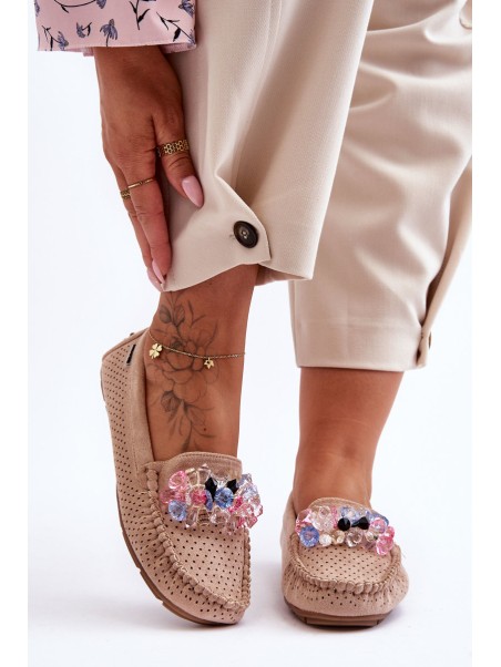 Stylish Suede Moccasins with Decorations Beige Delima