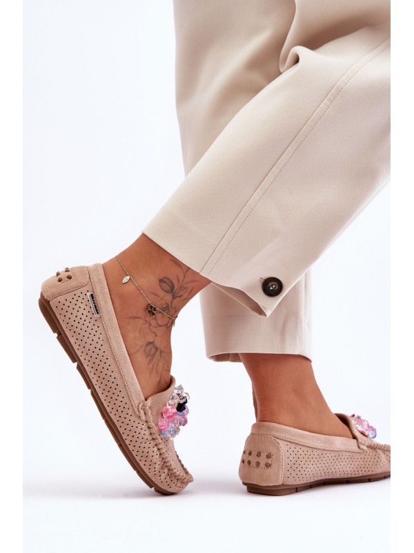 Stylish Suede Moccasins with Decorations Beige Delima