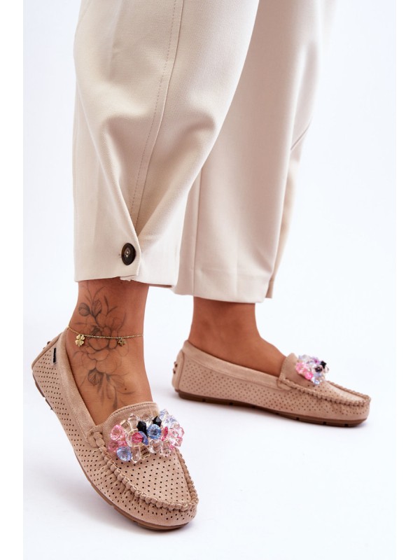 Stylish Suede Moccasins with Decorations Beige Delima