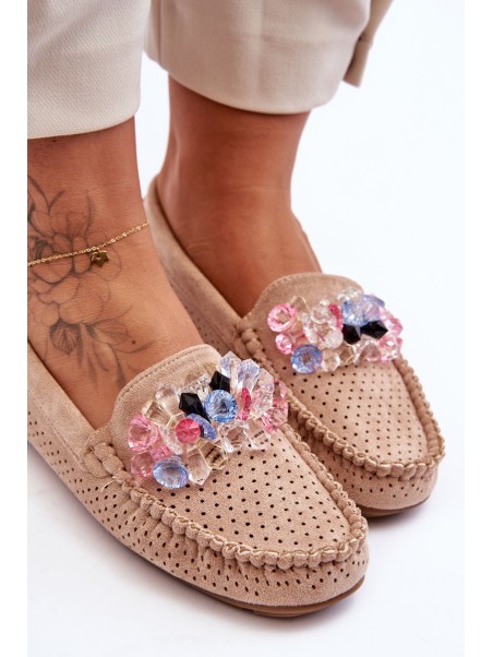 Stylish Suede Moccasins with Decorations Beige Delima