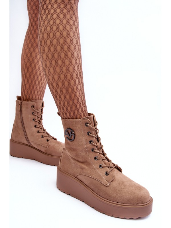 Suede Boots on Massive Platform Wedge Heel Beige Lavica