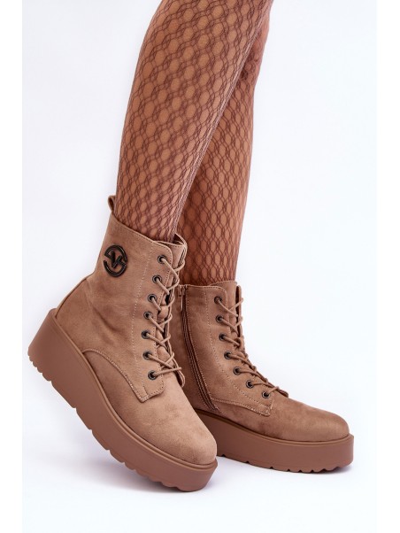 Suede Boots on Massive Platform Wedge Heel Beige Lavica