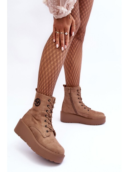 Suede Boots on Massive Platform Wedge Heel Beige Lavica