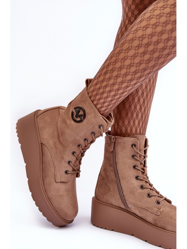 Suede Boots on Massive Platform Wedge Heel Beige Lavica