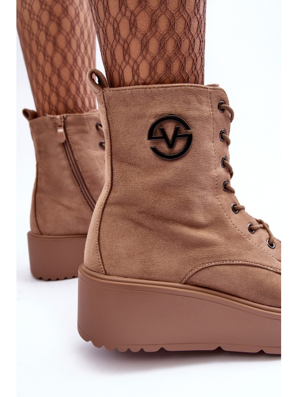 Suede Boots on Massive Platform Wedge Heel Beige Lavica