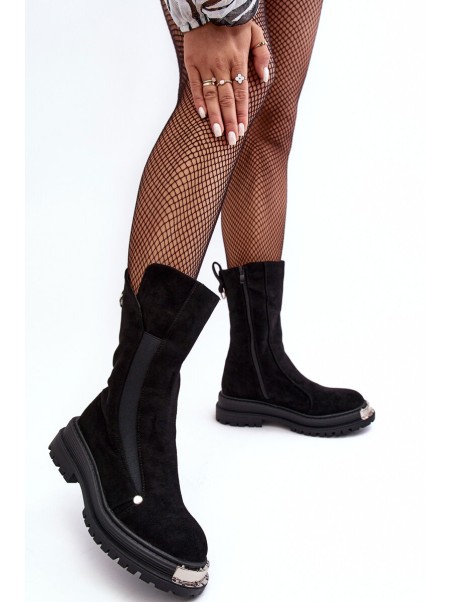 Suede Lined Flat Heeled Boots Black Palimra